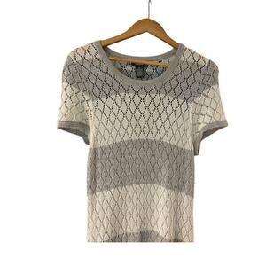 NEIMAN MARCUS Pointelle Open Knit Sweater Dress LARGE Diamond Gray White Stripe